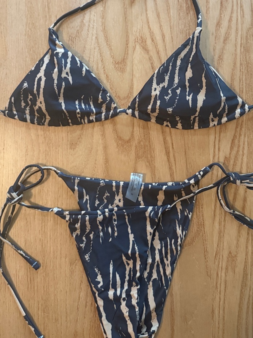 Printed Triangle Tie-Side Bikini in Navy and Cream